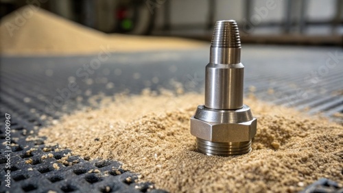 Closeup of a sandblasting nozzle gleaming metallic with a grit chamber surrounded by grains of sand tered on a textured industrial floor.