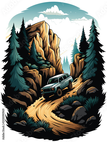 A rugged, off-road truck navigates a winding mountain trail surrounded by towering trees and rocky cliffs.