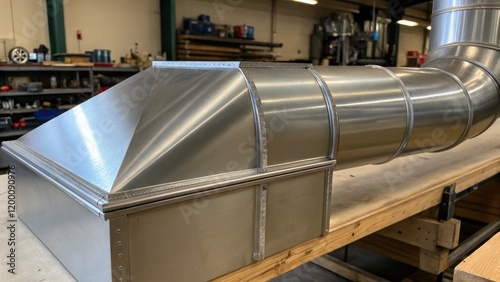 Closeup of a section of finished ductwork with smooth seams and polished surfaces catching light in a workshop environment demonstrating highquality fabrication. photo