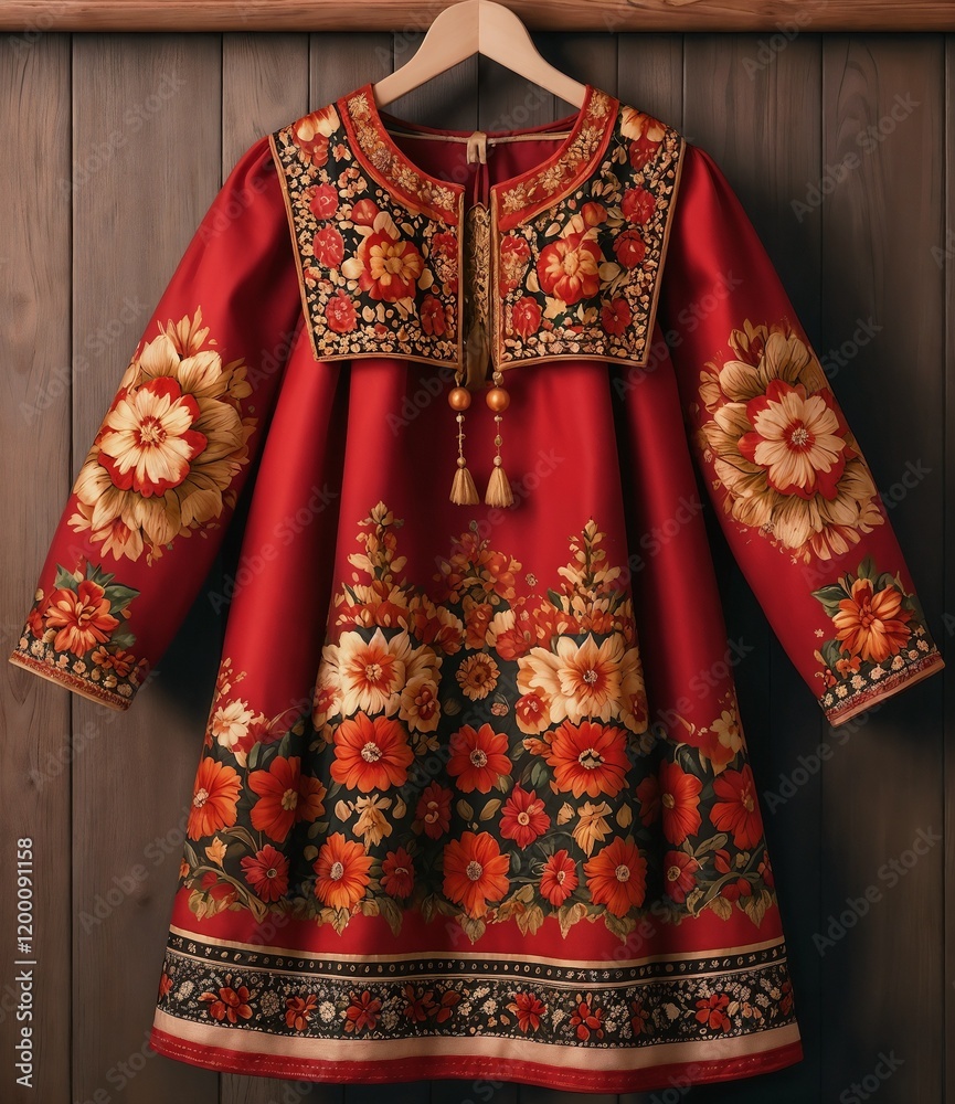 Traditional Russian Red Embroidered Dress with Floral Pattern for Cultural Ceremonies Traditional Russian Red Embroidered Dress with Floral Pattern for Cultural Ceremonies