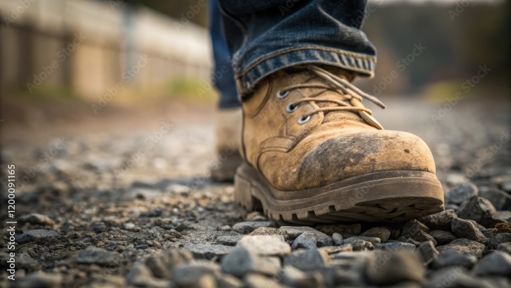 Closeup of a weathered construction boot stepping on gravel capturing the gritty reality of the job site and the everyday experiences of workers on the ground. Closeup of a weathered construction boot stepping on gravel capturing the gritty reality of the job site and the everyday experiences of workers on the ground.