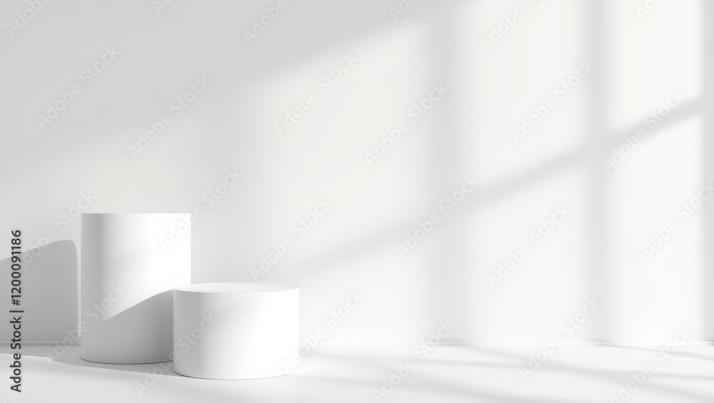 two white cylindrical display stands in a minimalist setting two white cylindrical display stands in a minimalist setting