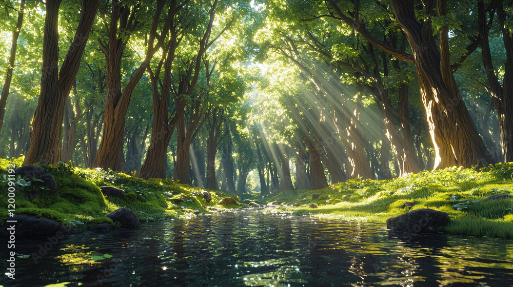 Obraz premium Sunlight streams through a lush forest beside a babbling brook.