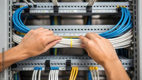 Closeup of a technicians fingers routing wires through protective cable trays demonstrating their skill in maintaining safety and organization within the panel environment.