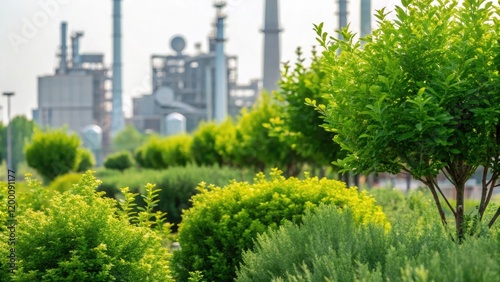 Closeup of a vibrant green buffer zone that contrasts with the industrial structures nearby featuring trees and shrubs that provide an ecological balance within the park. photo