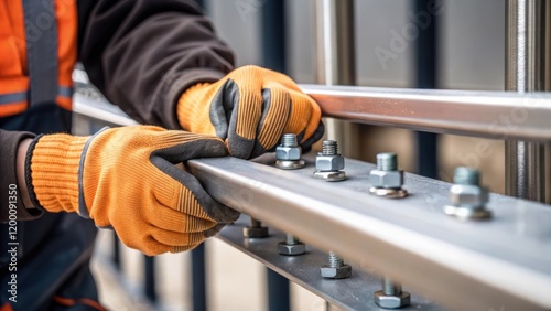 Closeup of a workers gloved hands tightening bolts on bracket connections showcasing the intricate details of the railings being installed. photo