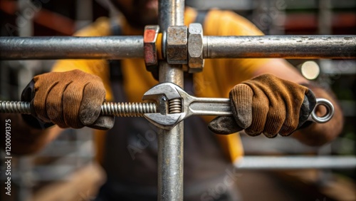 Closeup of a workers hands tightening a bolt with a wrench showcasing the intricate details of the hardware used in scaffolding assembly.