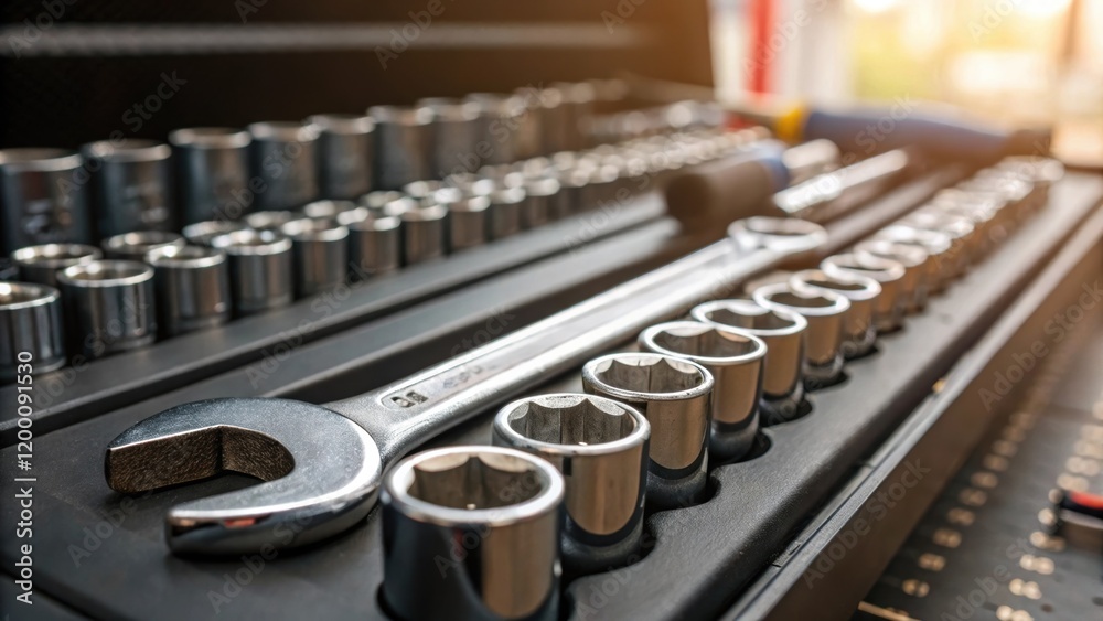 Closeup of a wrench and a socket set arranged systematically on a tool bench with a focus on the organizational od and the metallic shine. Closeup of a wrench and a socket set arranged systematically on a tool bench with a focus on the organizational od and the metallic shine.