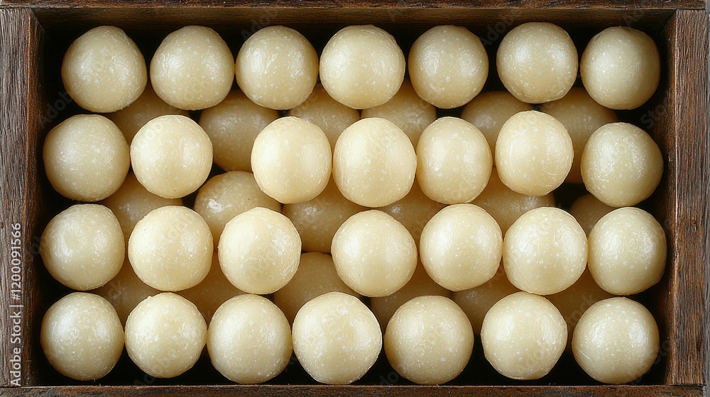 White chocolate balls wooden box top view. White chocolate balls wooden box top view.
