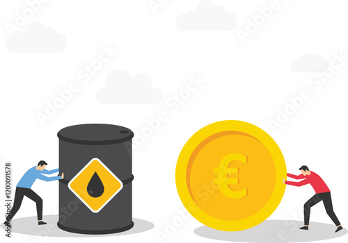 Businessman buys сrude oil in euro. Partner holding oil barrel. Sale of petroleum products and fuels. Modern flat vector illustration

