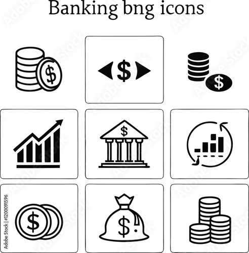 A collection of nine simple, black and white icons representing various banking and financial concepts.