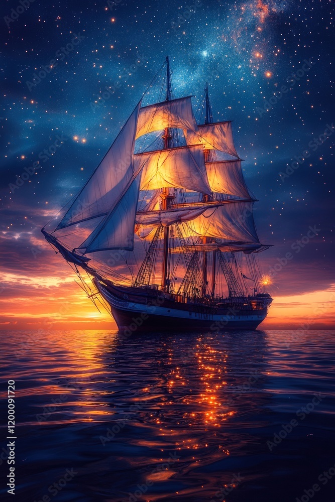 Fototapeta premium Sunset sailship, starry night, ocean calm.