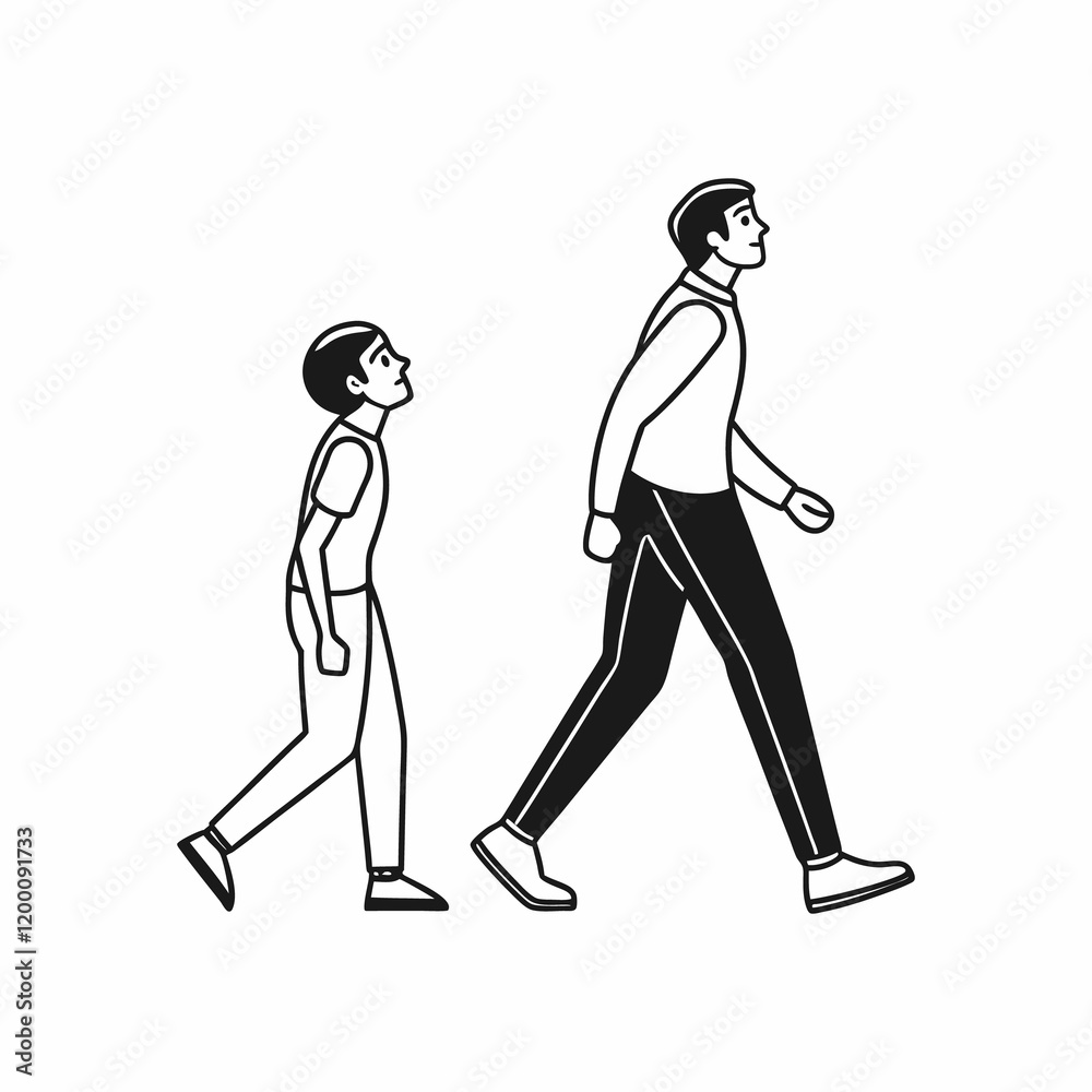 Father and son walking together, a simple illustration of family. Father and son walking together, a simple illustration of family.