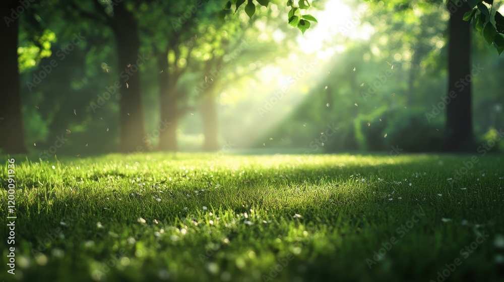 Fototapeta premium Sunlight streams through leaves onto lush green grass.