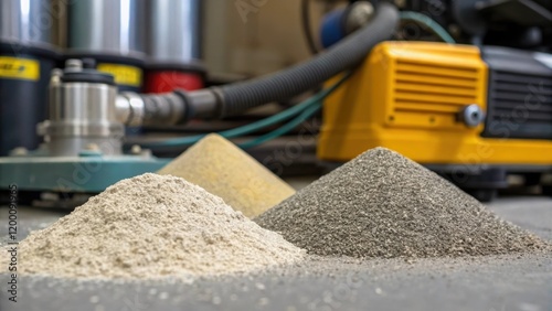 Closeup of sandblasting abrasive material piled beside the equipment with various sizes of grit visibly differing in texture and color ready for use. photo