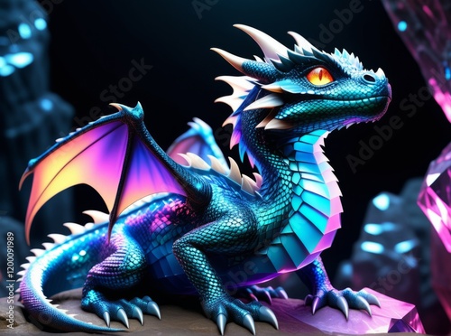 Colorful dragon resting among shimmering crystals in a mystical cave at night photo