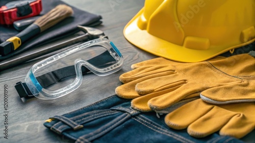 Closeup of safety gear including gloves and goggles laid out beside tools emphasizing the importance of safety in industrial settings. photo