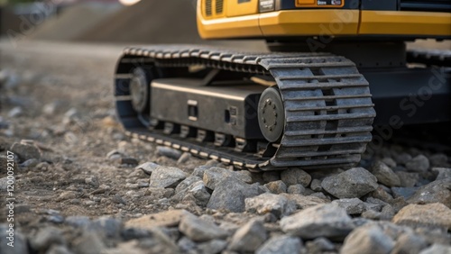 Closeup of the compact excavators tracks gripping the uneven ground displaying the machines stability as it navigates a rocky terrain.