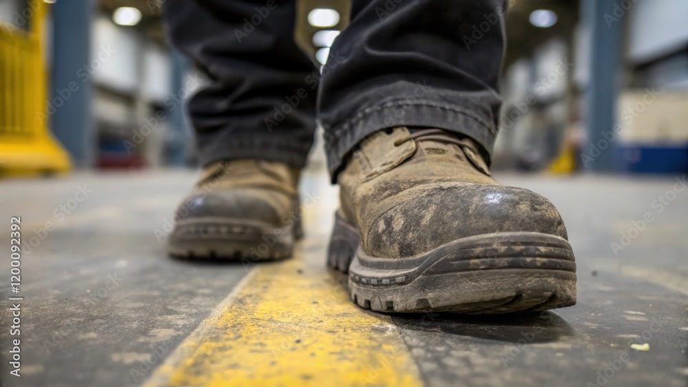 Closeup on a workers footwear as they stand on a factory floor highlighting scuff marks that tell a story of hard work and dedication.