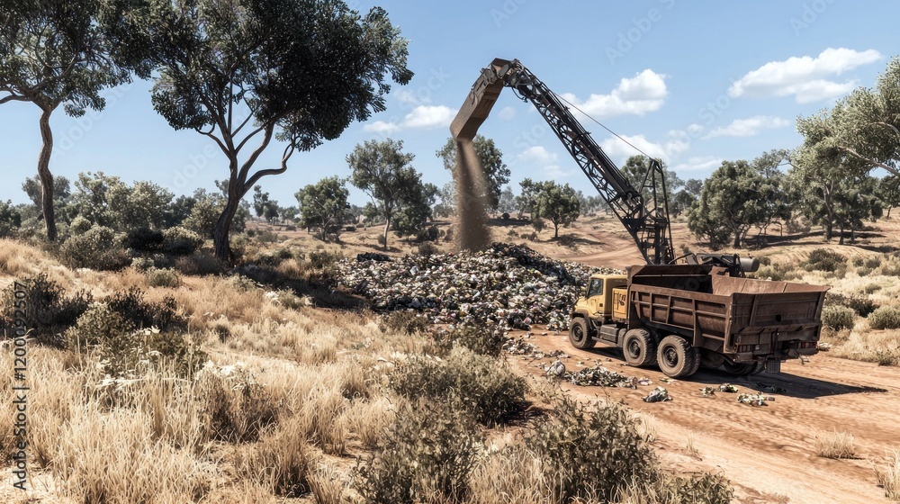 Crane dumps waste into truck, arid landscape Crane dumps waste into truck, arid landscape