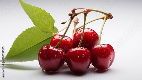 Two ripe, red cherries with a green stem, isolated on a white background, look juicy and delicious, perfect for a healthy summer dessert photo