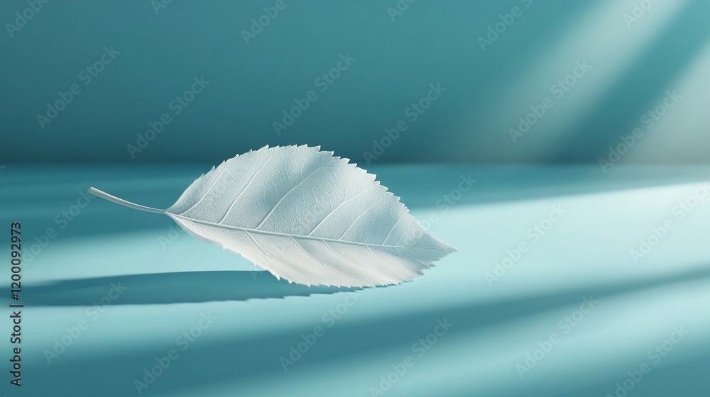 Single white leaf on a teal background, illuminated by sunlight. Single white leaf on a teal background, illuminated by sunlight.