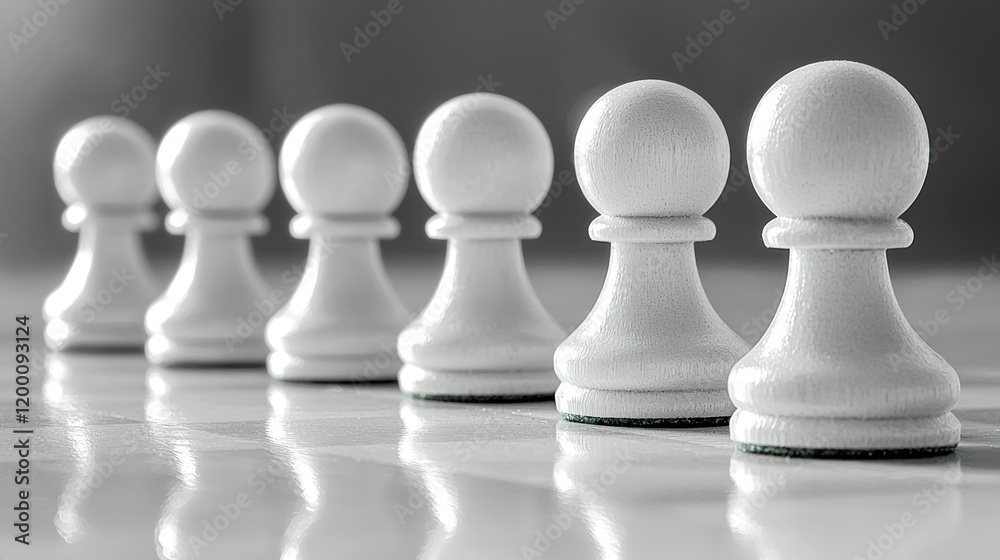 White pawns aligned, strategy game, reflective surface, business concept. White pawns aligned, strategy game, reflective surface, business concept.