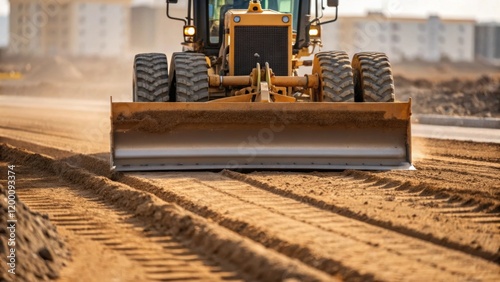 Medium closeup of a grader in action its blade slicing through layers of earth smoothing the ground while revealing the power and precision of construction machinery. photo