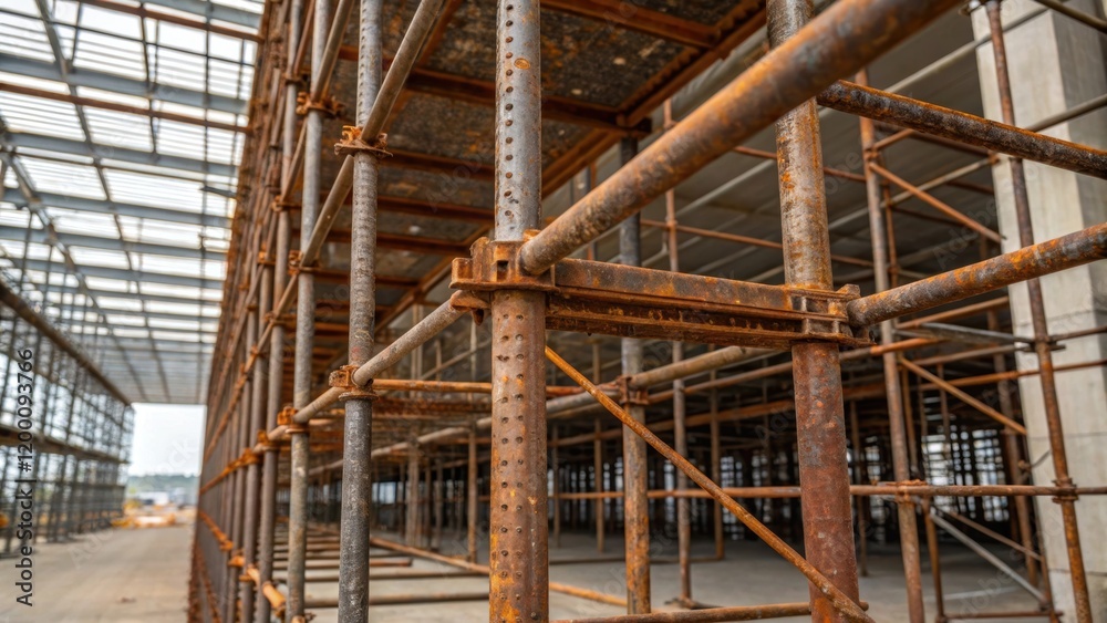 Medium closeup of a rusted metal scaffold surrounding the partially constructed warehouse showcasing the layered complexity and modular design of safety frameworks. Medium closeup of a rusted metal scaffold surrounding the partially constructed warehouse showcasing the layered complexity and modular design of safety frameworks.