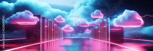 futuristic digital rows of glowing server racks, surrounded by clouds and neon lights
