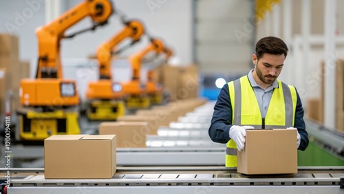 Medium closeup of a worker inspecting finished packages on a line with automated robots in the background highlighting the humanrobot collaboration.