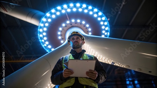 Medium closeup of a worker inspecting a wind turbine blade under bright LED lights highlighting surface imperfections and a clipboard filled with notes.