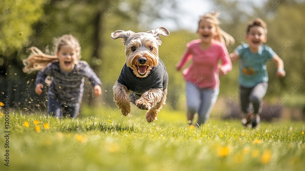 Fototapeta premium Happy children and dog running in park.