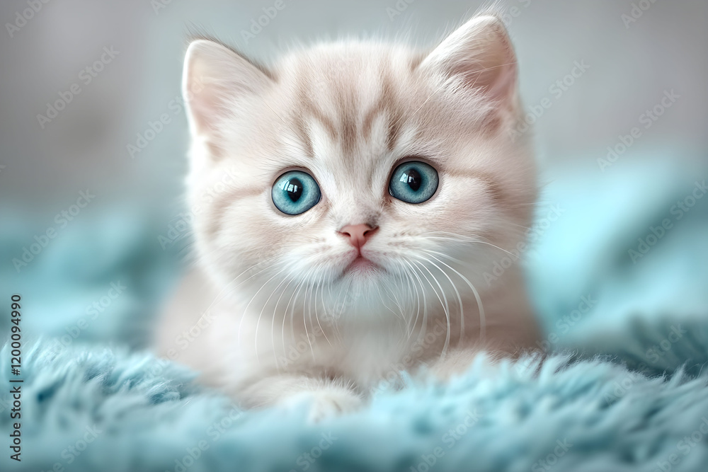 Cute fluffy kitten with striking blue eyes resting on a soft pillow in a cozy home setting during daylight