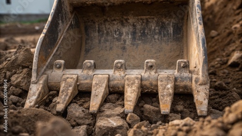 The finely detailed teeth of the excavator bucket are visible revealing wear and tear from constant use in abrasive conditions surrounded by clumps of soil.