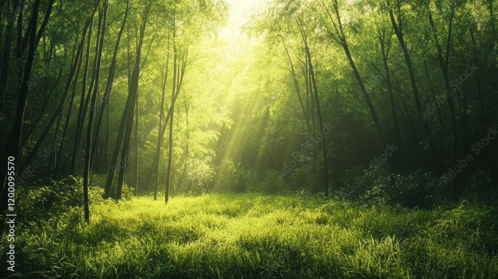 Fototapeta premium Sunbeams pierce a lush green forest.