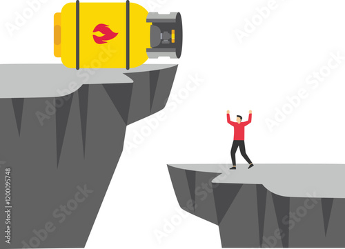 Businessman separated from gas cylinder by large cliff in ground. Gas issues. Modern flat vector illustration

