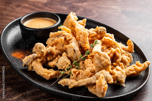 A plate of crispy fried chicken strips served with a flavorful dipping sauce. Garnished with herbs, this delicious dish is perfect for sharing or enjoying as a snack.