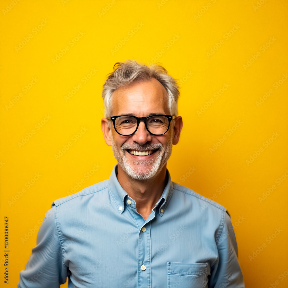 portrait of a smiling middle-aged man in a light blue shirt against a yellow background portrait of a smiling middle-aged man in a light blue shirt against a yellow background