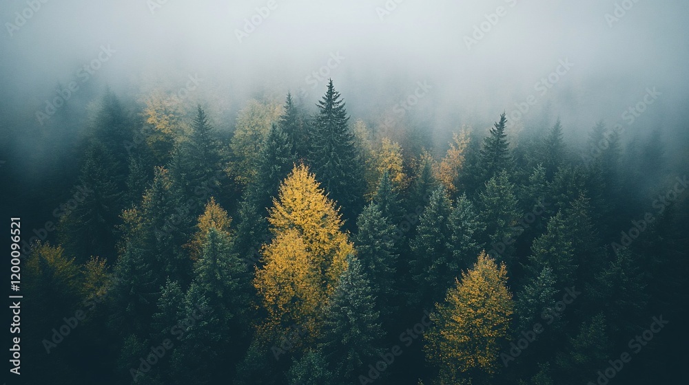 Misty autumn forest aerial view, vibrant yellow and green conifers.