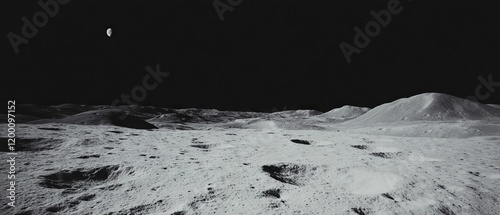 Exploration of the lunar surface showcasing craters and rough textures illuminated by distant celestial bodies photo