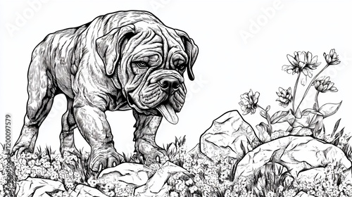 Black and white illustration of a muscular dog among rocks and flowers. photo