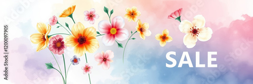 Floral arrangement with watercolor background and sale text