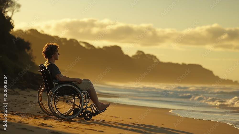 Fototapeta premium Young man enjoys sunset by the beach while sitting in a wheelchair, embracing tranquility and nature's beauty