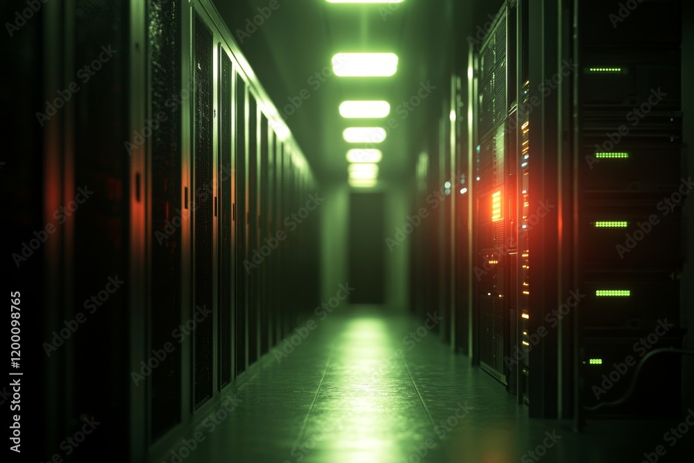 Fototapeta premium Servers data center room with bright bokeh light going through the corridor 3D rendering, Generative AI