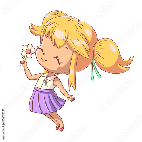 Girl smelling white flower, chibi