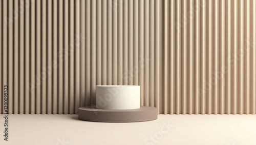 minimalist cylindrical pedestal against a ribbed wall