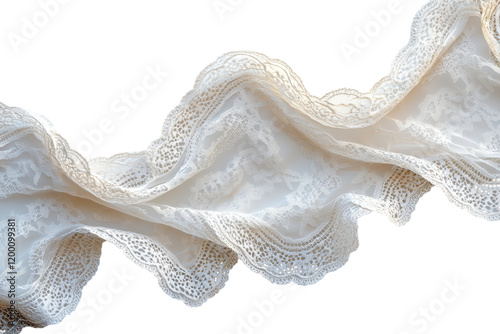 White lace fabric ruffle textile detail with delicate embroidery isolated on Transparent Background