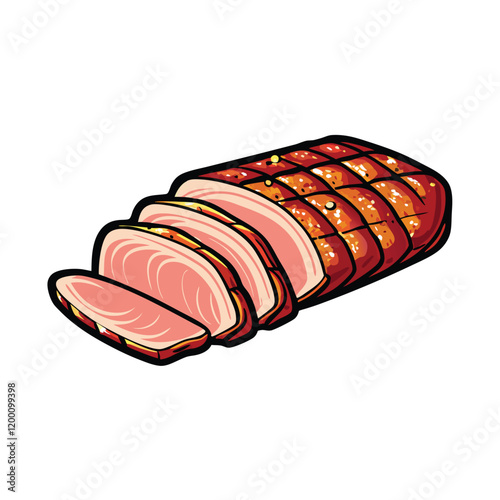 Vector illustration of a sliced pastrami with spices like black pepper, paprika, and mustard seeds. The pastrami has a pink and red color scheme.