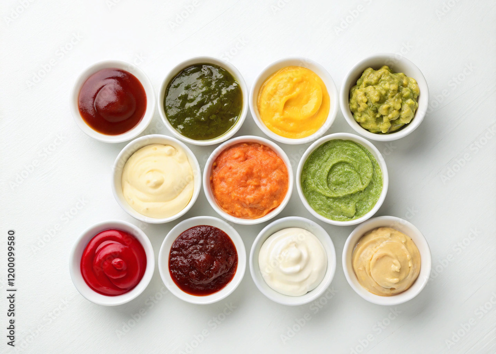 Small white bowls filled with different sauces, isolated on a white background. Small white bowls filled with different sauces, isolated on a white background.